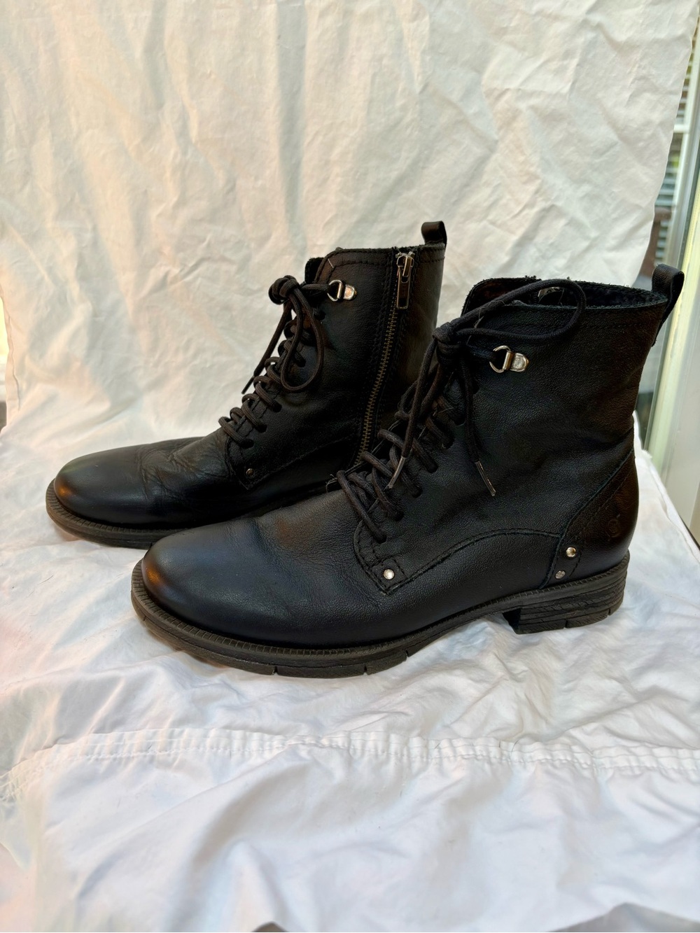 Born Black Leather Lace-Up Combat Boots with Side Zipper